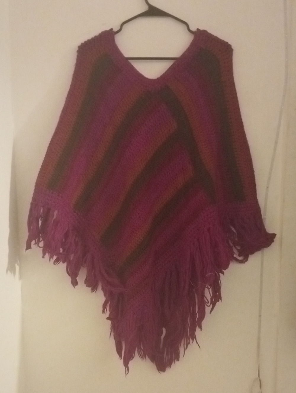 John Wanamaker Purple Striped Fringe Poncho Sweater Made In Italy 100% Wool